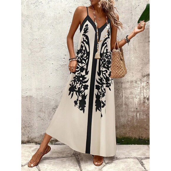 Contrast floral print BoHo maxi dress tan black vacation - Picture 1 of 4